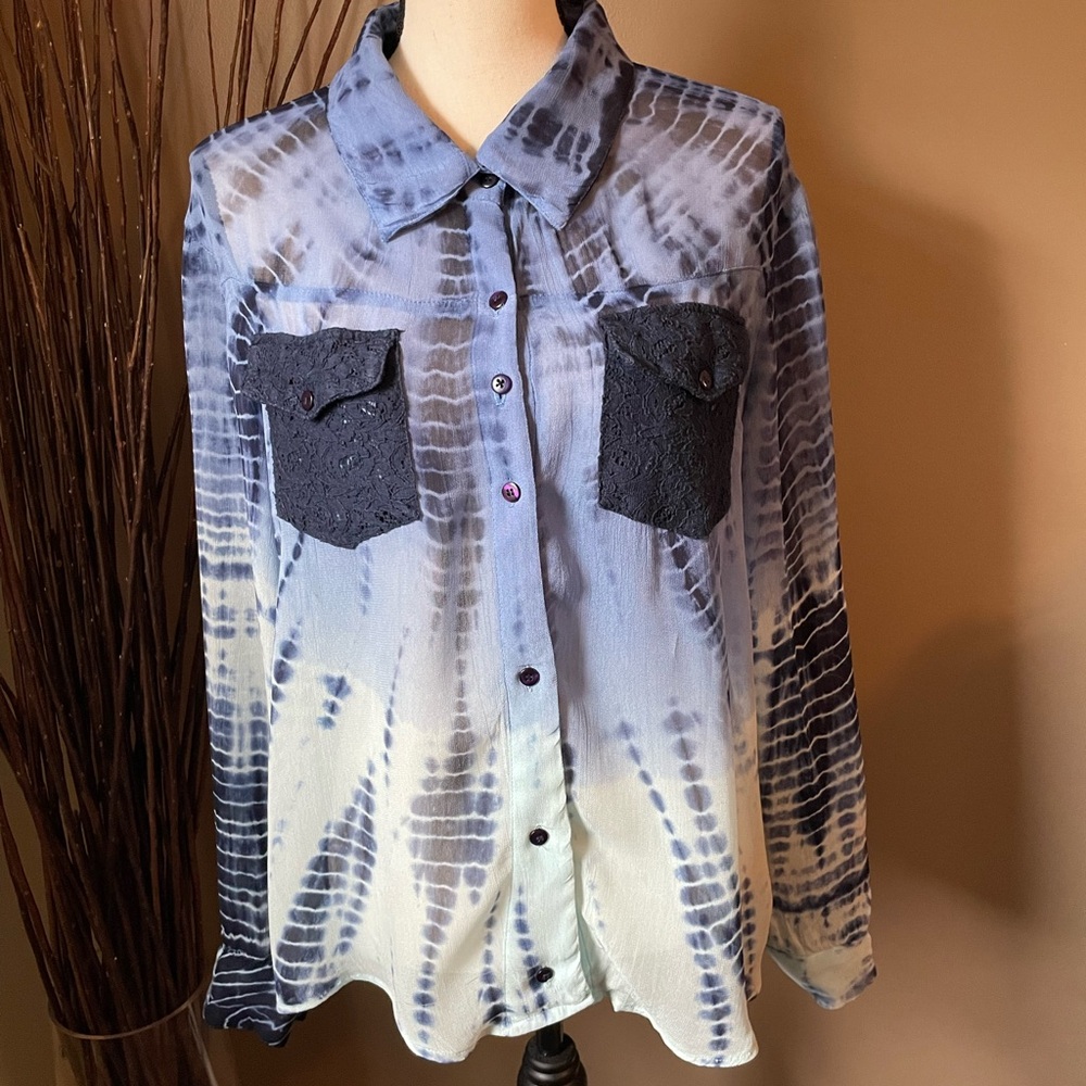 Blue and White Tie-Dye Button-Up sheer blouse by VENUS